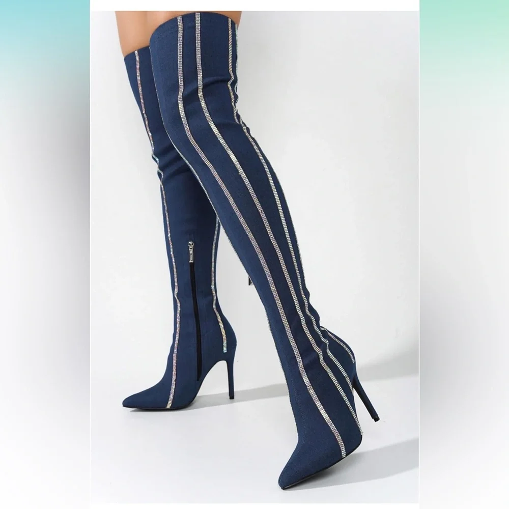 NWOT • Cape Robbin • Hidenim Rhinestone Thigh High Stiletto Boots • Size 6.5 💙🩶